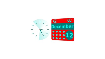 December month 1 2date calendar icon and cyan color clock 4k illustration. Digital calendar month concept design on White background.