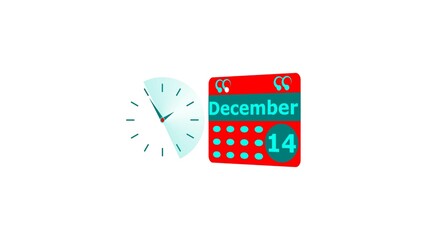 December month 14 date calendar icon and cyan color clock 4k illustration. Digital calendar month concept design on White background.