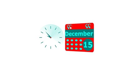 December month 15 date calendar icon and cyan color clock 4k illustration. Digital calendar month concept design on White background.