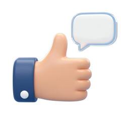 Thumbs Up and Speech Bubble: A minimalist 3D rendering of a thumbs up gesture paired with an empty speech bubble, symbolizing approval and a blank space for user feedback.