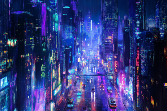 Spectacular nighttime in cyberpunk city of the futuristic fantasy world features skyscrapers, flying cars, and neon lights. Digital art 3D illustration. Acrylic painting