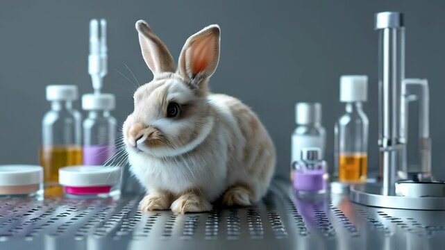 A laboratory rabbit subjected to cosmetic testing, highlighting the ethical concerns and debates surrounding animal rights, scientific experimentation, and the call for cruelty-free alternatives 