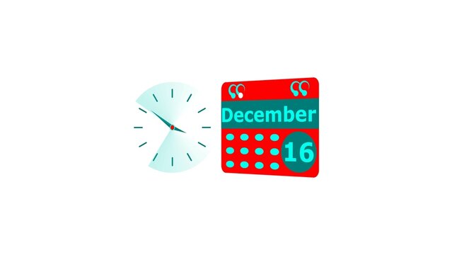 December month 16 date calendar icon and cyan color clock 4k illustration. Digital calendar month concept design on White background.