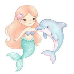 Mystical bond: a captivating illustration of a radiant mermaid and a friendly dolphin, capturing the essence of aquatic harmony and enchanting charm.
