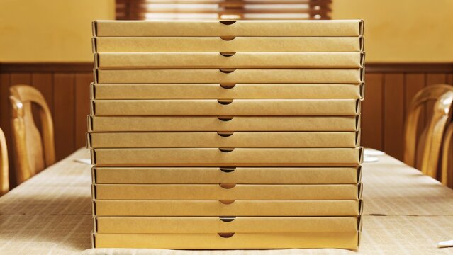 Stack of cardboard pizza boxes on a table ready for delivery or takeout