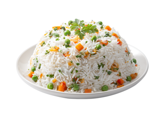 An Indian rice dish with vegetables on a white plate isolated on a transparent background
