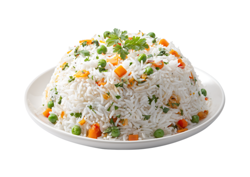 An Indian rice dish with vegetables on a white plate isolated on a transparent background
