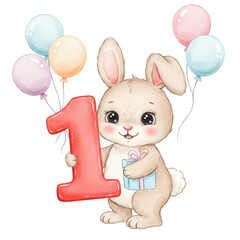 First Birthday Bunny Celebration: A heartwarming illustration of an adorable bunny holding a gift and a large red number one, surrounded by pastel balloons.