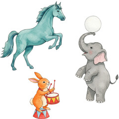 Whimsical Circus: Delightful watercolor illustrations of a horse, elephant, and rabbit performing charming circus acts, radiating joy and wonder. 