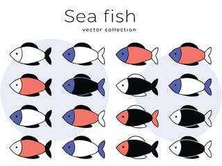 Colorful sea fish vector collection with simple minimalist illustrations and design