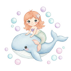 Mermaid riding Whale: A charming illustration of a mermaid with orange hair and a starfish clip, riding a cute whale surrounded by bubbles, evoking fantasy and childlike wonder.