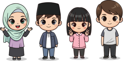 Multicultural Children Cartoon Illustration | Diverse Boys and Girls Vector