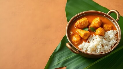 Aloo gobi curry with rice served in a bowl on a banana leaf