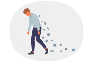 Tired office man feels burnout and pain in back, due to long sedentary work, goes dropping bolts and cogs from spine. Overworked guy experiences stress and melancholy because of professional burnout