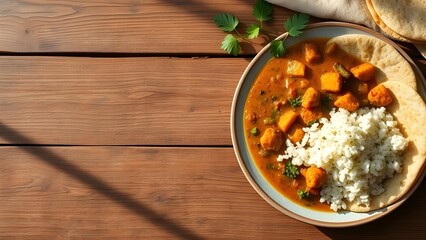A plate of indian curry with rice and tortillas on a wooden table