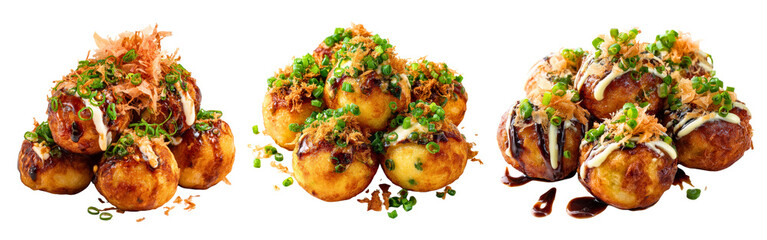 Set of takoyaki octopus balls with bonito flakes and green onions garnish isolated on a white or transparent background