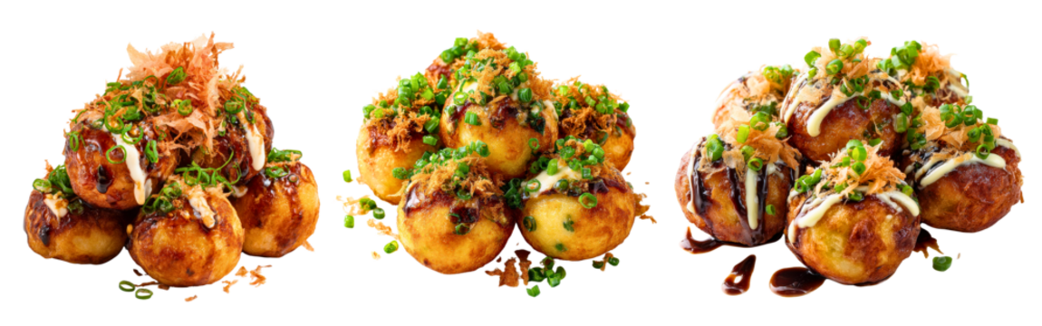 Set of takoyaki octopus balls with bonito flakes and green onions garnish isolated on a white or transparent background
