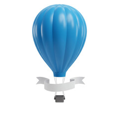 Soaring Ambitions: A vibrant blue hot air balloon, complete with a blank banner, ascends majestically, promising endless possibilities and freedom. This visual offers a concept for travel, adventure.