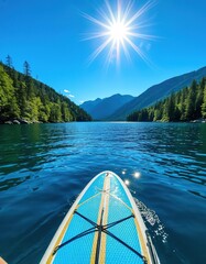 SUP boarding. Blue water, clear sky and bright sun. First person view
