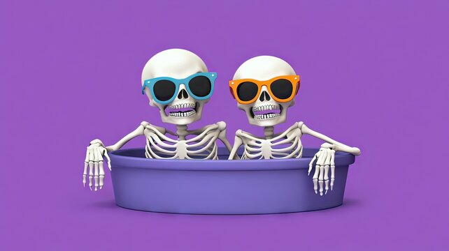 Spooky summerween playful skeleton couple enjoying pool fun in a festive atmosphere