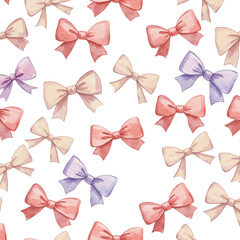 Seamless Bows Pattern: A vibrant pattern of watercolor bows, presented in various pastel shades, ready to bring a touch of whimsy and elegance.
