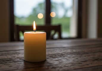 Cozy indoor scene with a glowing candle on a distressed wooden tabletop, inviting.

