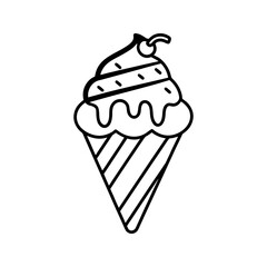 Simple outline ice cream cone with cherry isolated on white background