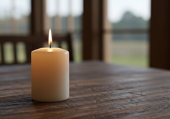 Unlit white wax candle on a natural wood grain table, for home decor and ambiance.

