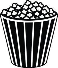 Vector art of a classic striped popcorn bucket overflowing with fluffy kernels, ready for movie night