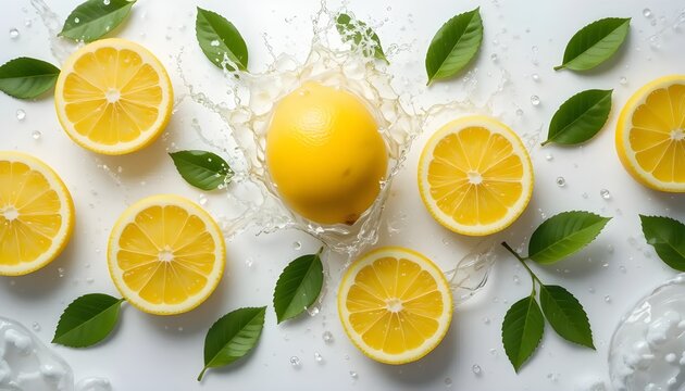 lemon slices background with splash water and leaves