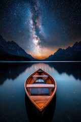 Starry night sky over a serene lake, with the Milky Way reflecting on the water's surface