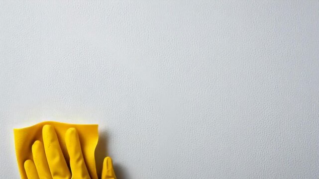 A person is cleaning a wall with a yellow cloth. The cloth is wet and the person is wearing a yellow glove