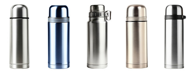 Collection of stainless steel beverage containers designed for heat retention isolated on a white or transparent background