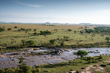Hot air balloon safari over Mara River in Serengeti National Park, Tanzania during Great Migration