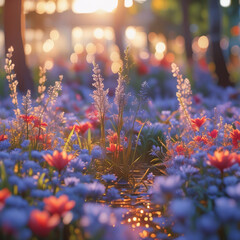 Dreamy Wildflower Meadow Illuminated by Warm Sunset Light in Springtime Forest