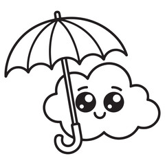Happy Kawaii Cloud Holding Beach Umbrella – Groovy Summer Weather Coloring Page