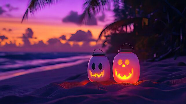 Skeleton couple's summerween celebration spooky lanterns and a romantic beach sunset