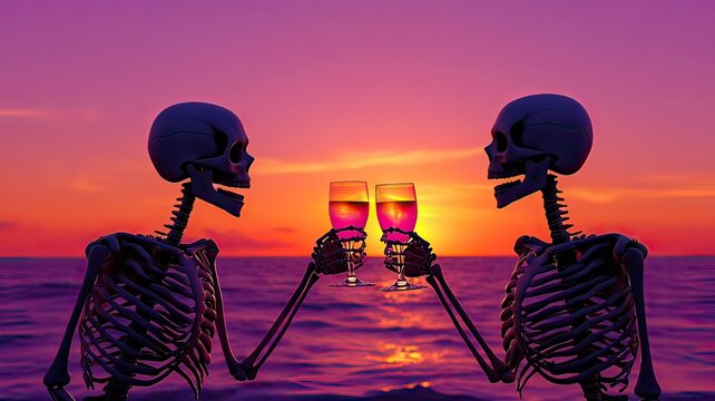Fun summerween at sunset beach a romantic illustration of a skeleton couple celebrating