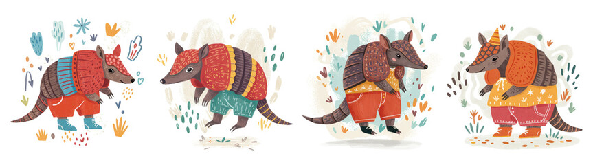 Colorful armadillos wearing sweaters in a cute naive style design  