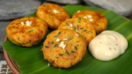 Vegetable cutlets served with sauce on a banana leaf plate