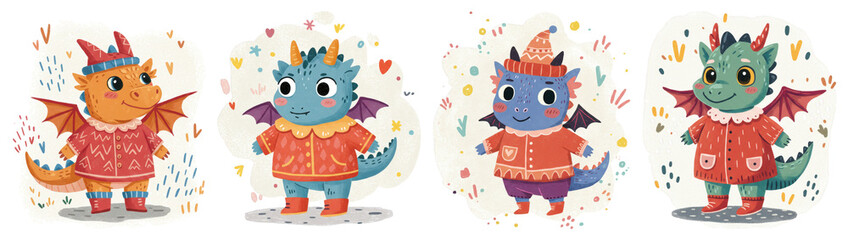 Four cute cartoon baby dragons wearing colorful outfits and smiling - Concept of set cute naive  