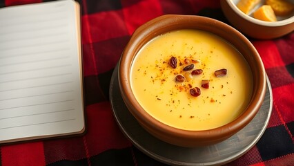 A bowl of pumpkin soup with raisins on a red plaid tablecloth
