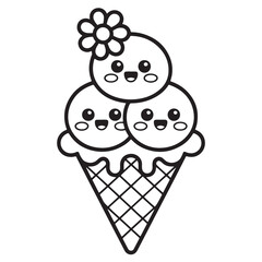 Kawaii Triple Ice Cream Cone with Smiling Scoops and Flower Coloring Page