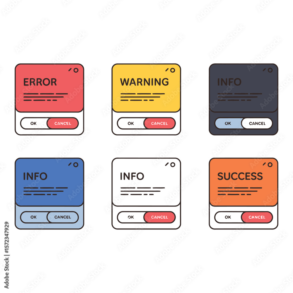 Poster colorful ui pop up boxes error warning info and success messages with ok cancel buttons