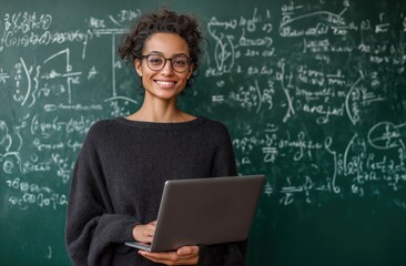 Female teacher holding laptop in math classroom
