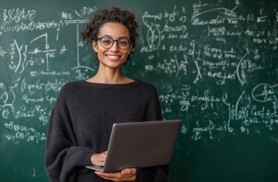 Female teacher holding laptop in math classroom
- Powered by Adobe