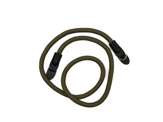 Green camera strap in the form of a rope on a white background. copy space, top view, flay lay....