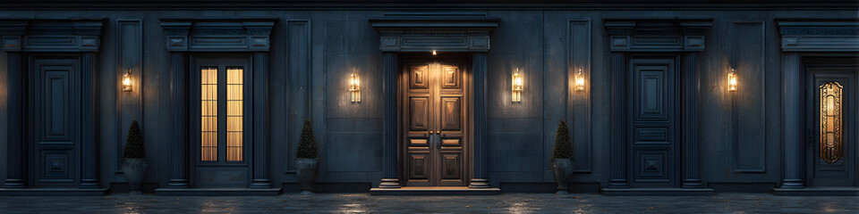 Fototapeta premium Elegant dark wooden doors with classic architectural details and a minimalist modern design The doorways have a sophisticated luxurious feel with a touch of mystery and moodiness