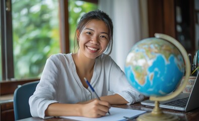 Young woman studying geography at home with globe
