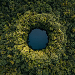 Round volcanic lake in the middle of the forest, view from above, Ambient music album artwork
